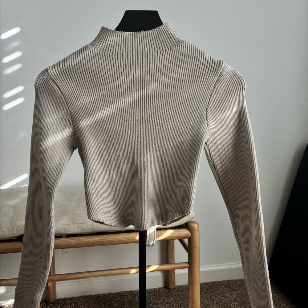 SHEIN Ribbed Beige Mock Neck Top